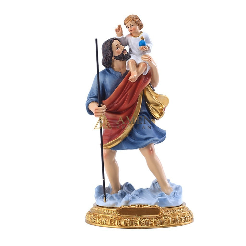 Saint Christopher & Child Jesus Hand-Painted Religious Statue Amen Artisan