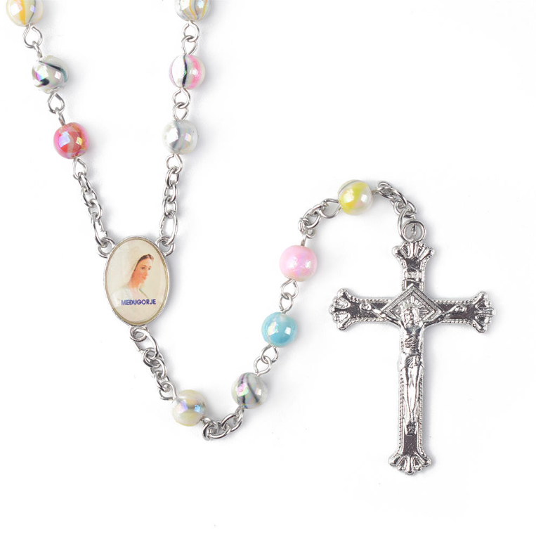 Our Lady of Lourdes Colorful Ceramic Beads Cross Pendant Rosary