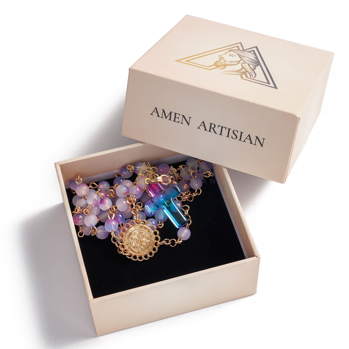Handmade Purple Blue Gradient Rosary Necklace with Glass Cross and Devotional Medal | Amen Artisan
