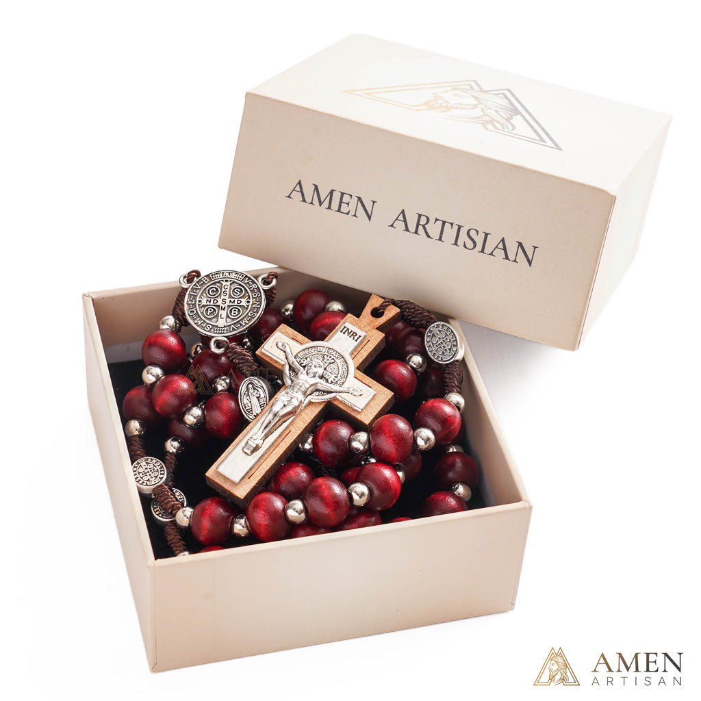 【Deal Today】Natural Wood Rosary Beads Necklace with Crucifix - Devotion & Blessing | Amen Artisan