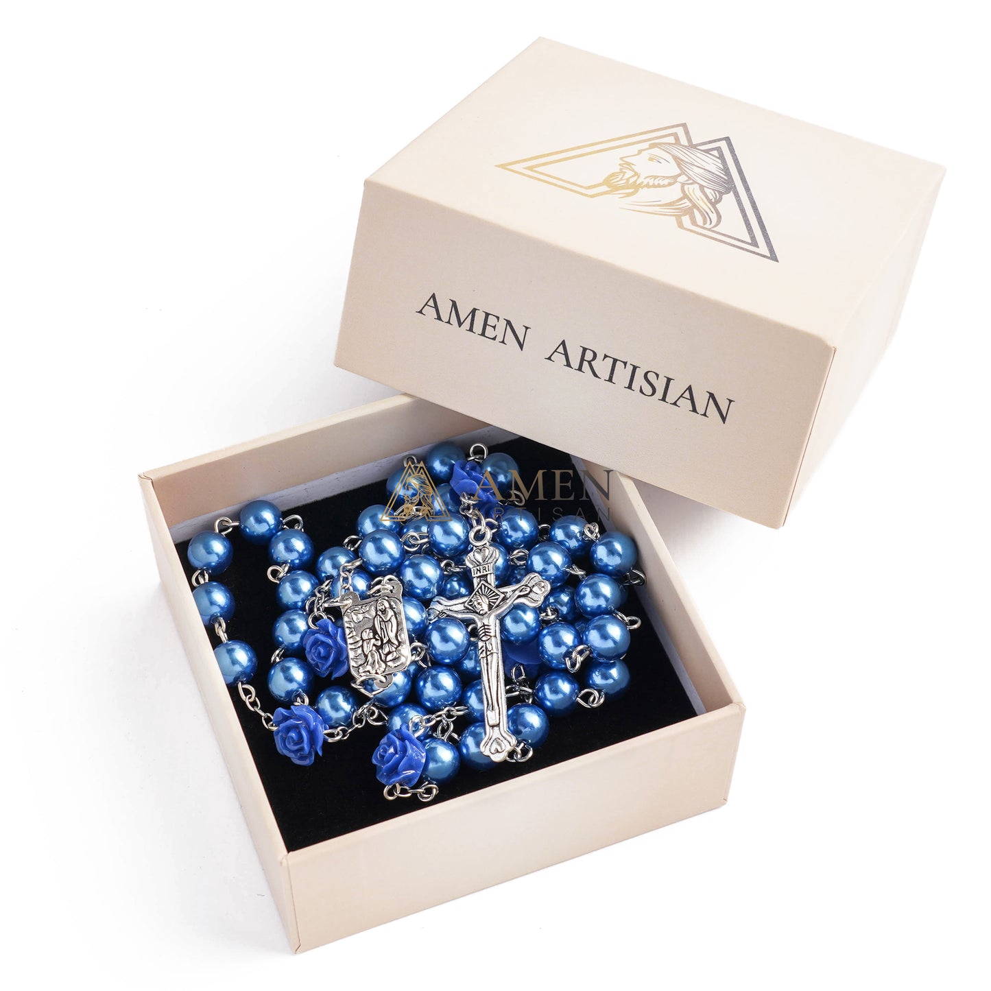 Royal Blue Rosary with Rose Accent, Cross and Saint Medal - Hope, Love & Blessing | Amen Artisan