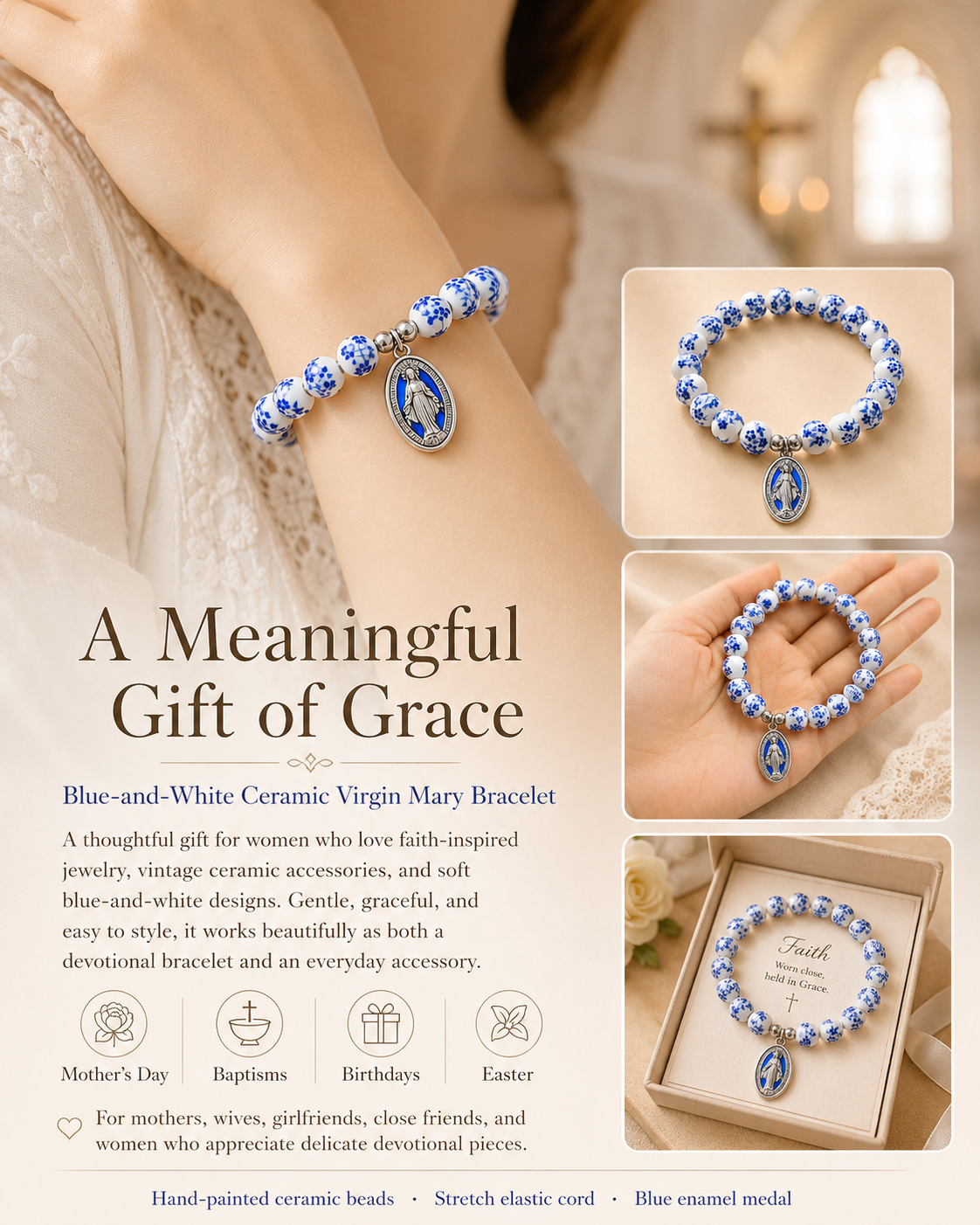 【Deal Today】Blue Floral Ceramic Bead Miraculous Medal Stretch Bracelet | Amen Artisan