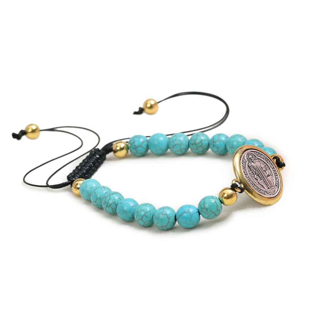 Turquoise Beads Saint Benedict Medal Adjustable Bracelet