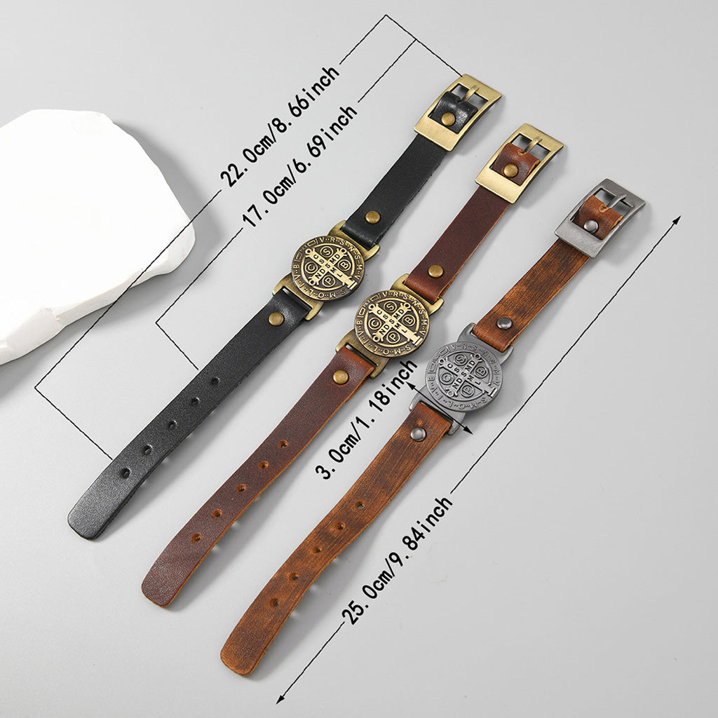 St. Benedict Leather Cuff Bracelet with Large Medal — Protection