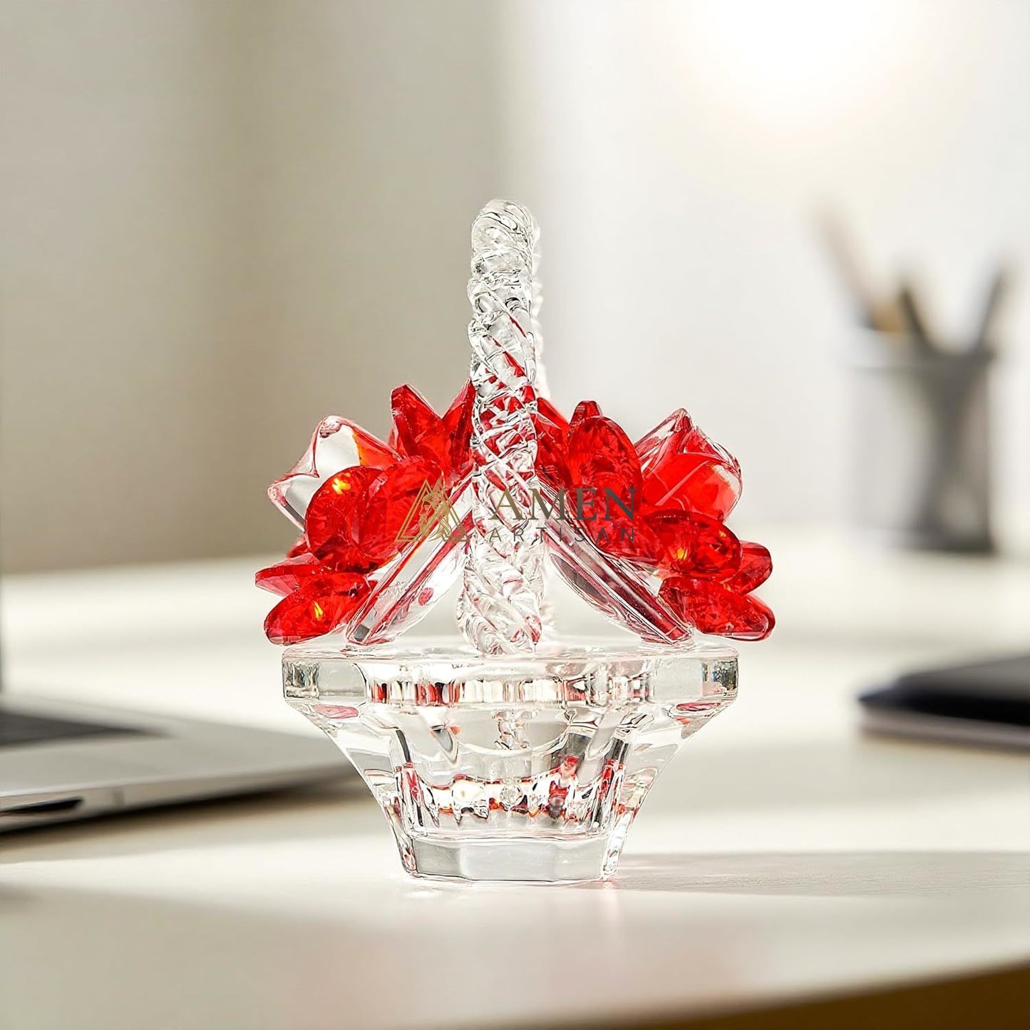 Crystal Red Rose Flower Basket Figurine Amen Artisan