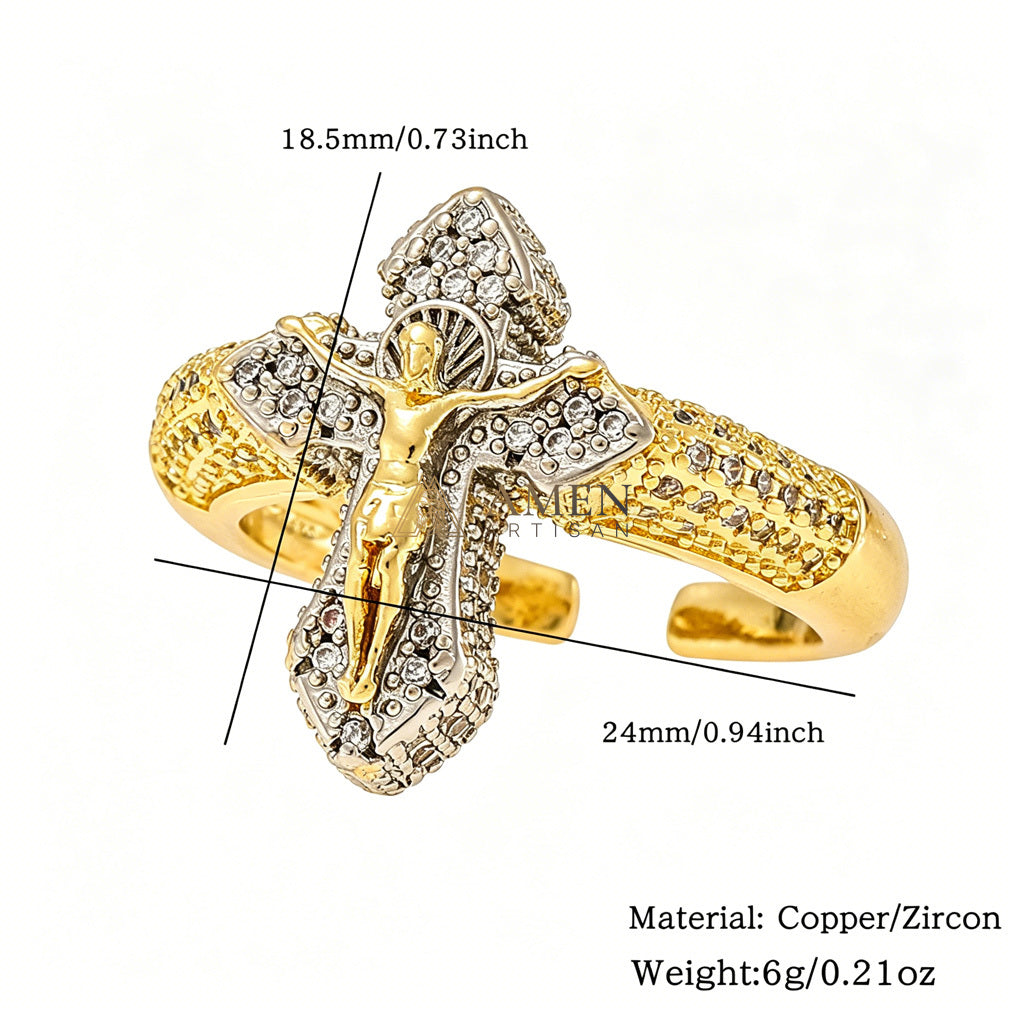 【Deal Today】Cubic Zirconia Crucifix Open Ring in Brass - Faith, Hope & Protection | Amen Artisan