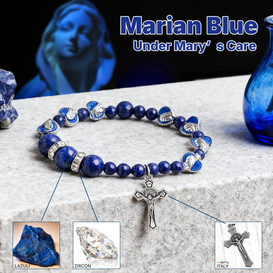 Lapis Lazuli Zircon Enamel Divine Mary of the Heart Blue Beads Crucifix Stretch Bracelet Amen Artisan