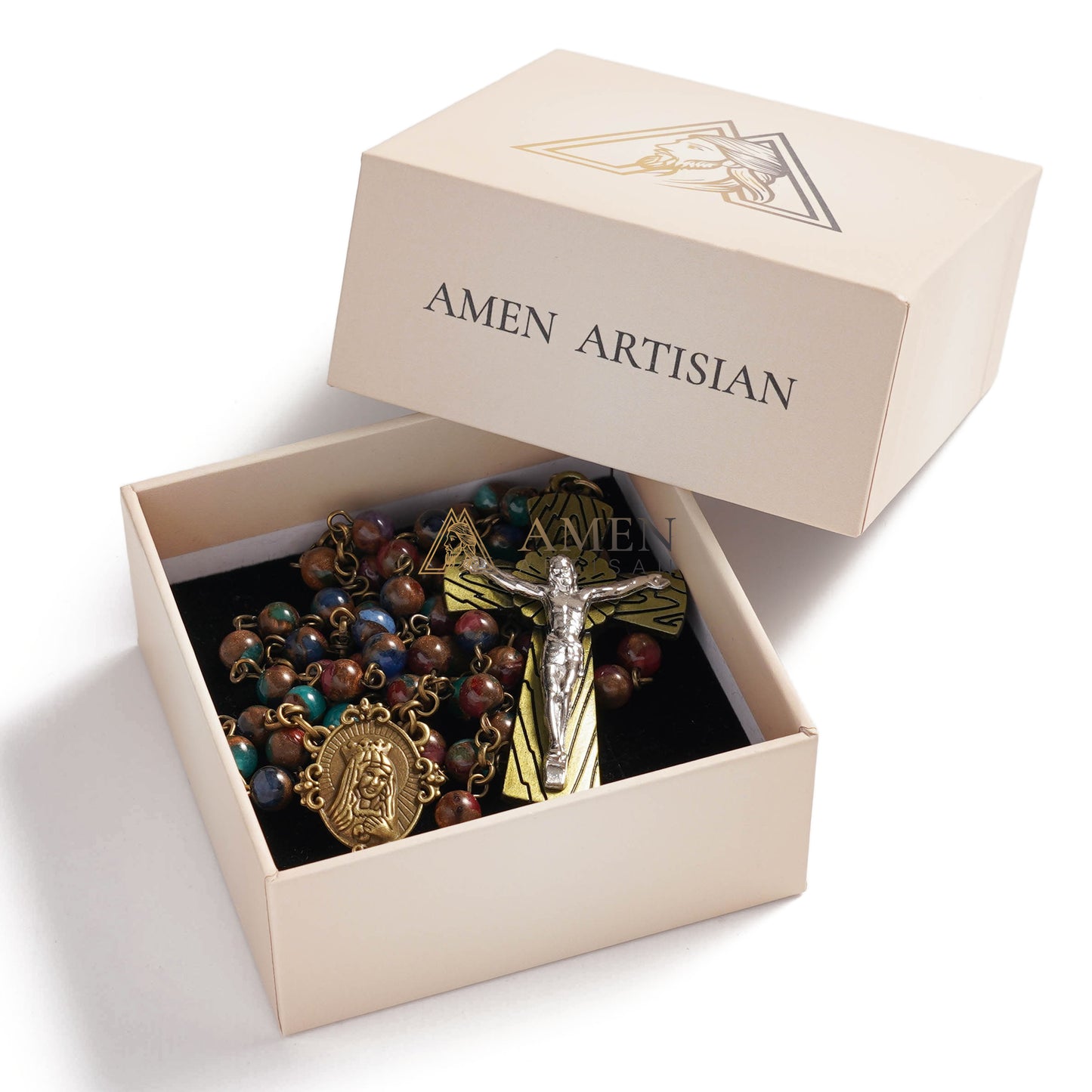 Goldstone Rosary with Vintage Alloy Cross and Holy Medal - Blessing & Protection |  Amen Artisan
