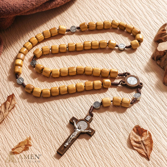 Pine Wood Rosary with Saint Benedict Medal Amen Artisan