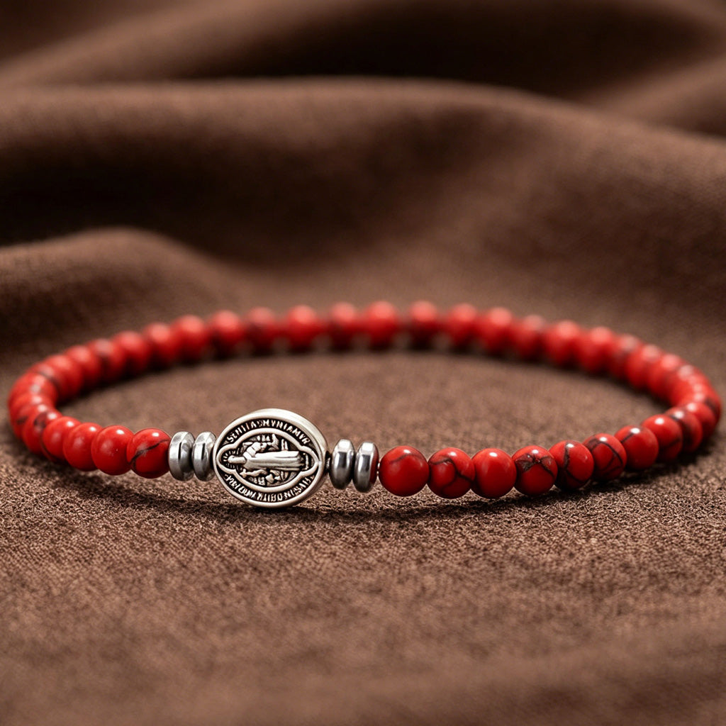 Multicolor Natural Stone St. Benedict Bracelet with Double-Sided Medal