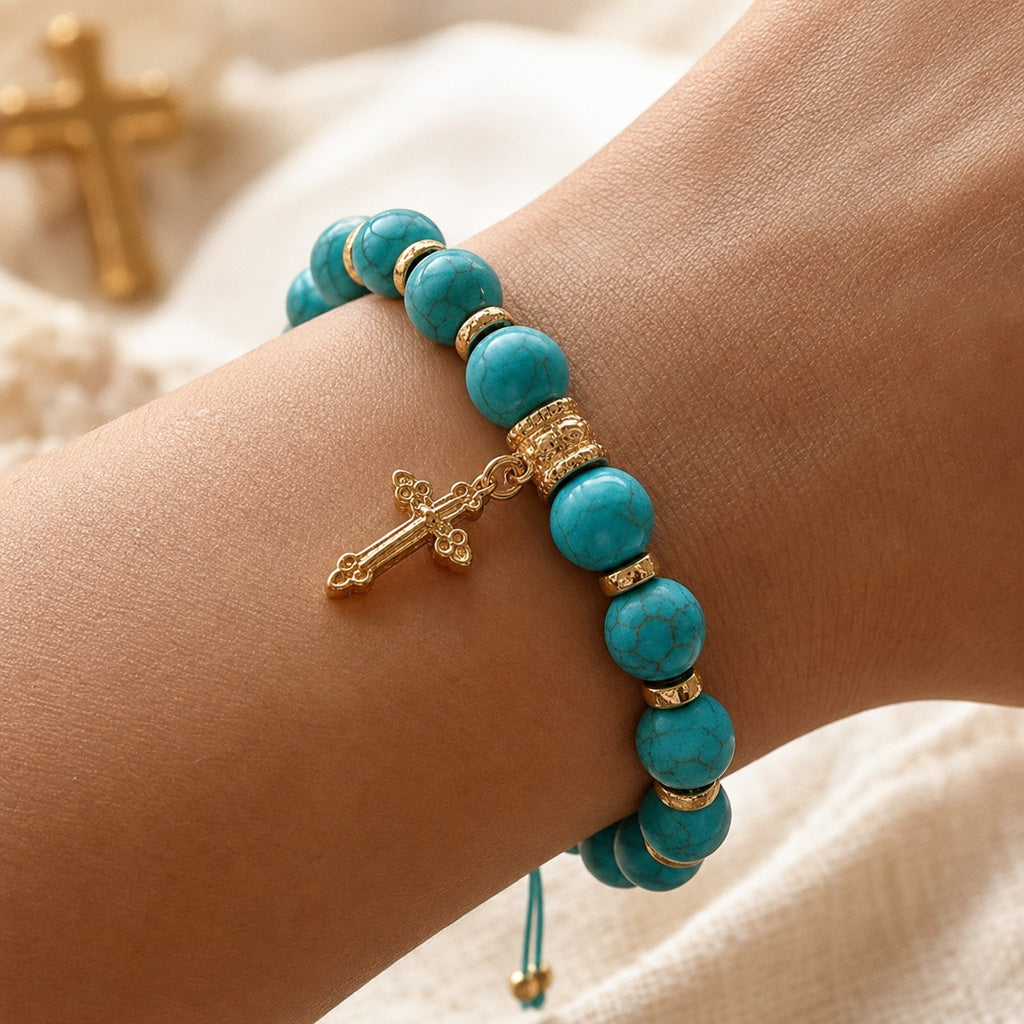 Adjustable Turquoise-Style Beaded Cross Bracelet