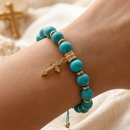 Adjustable Turquoise-Style Beaded Cross Bracelet