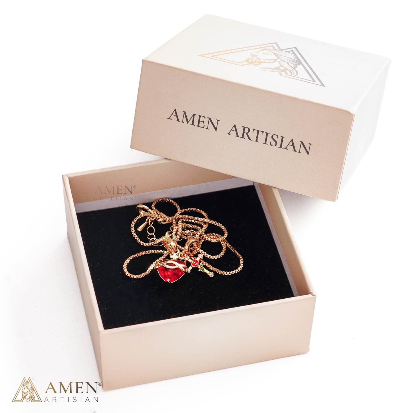 Sacred Heart & Rose Cross Multi-Pendant Necklace Amen Artisan