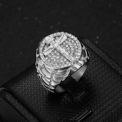 Gold Christ Ring with Diamond and Crucifix Amen Artisan