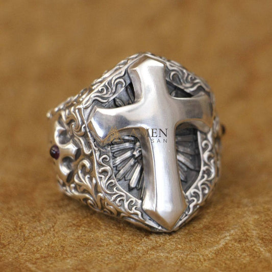 925 Sterling Silver Shield Cross Ring Amen Artisan