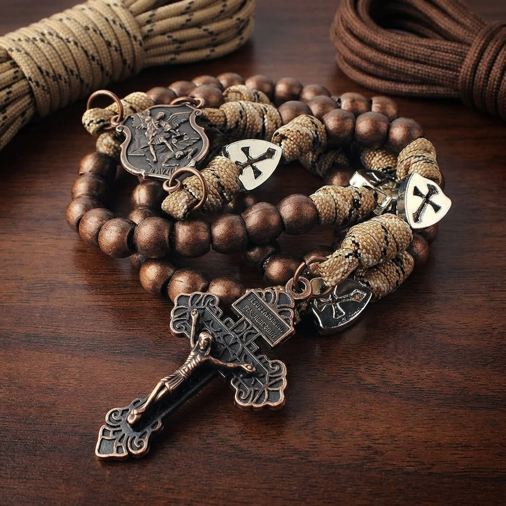 St. Michael the Archangel Bronze Paracord Wrapped Rosary Bracelet – Faith & Protection Amen Artisan