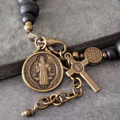 Black Wood Beads Brass Saint Benedict Medal Adjustment Bracelet Amen Artisan