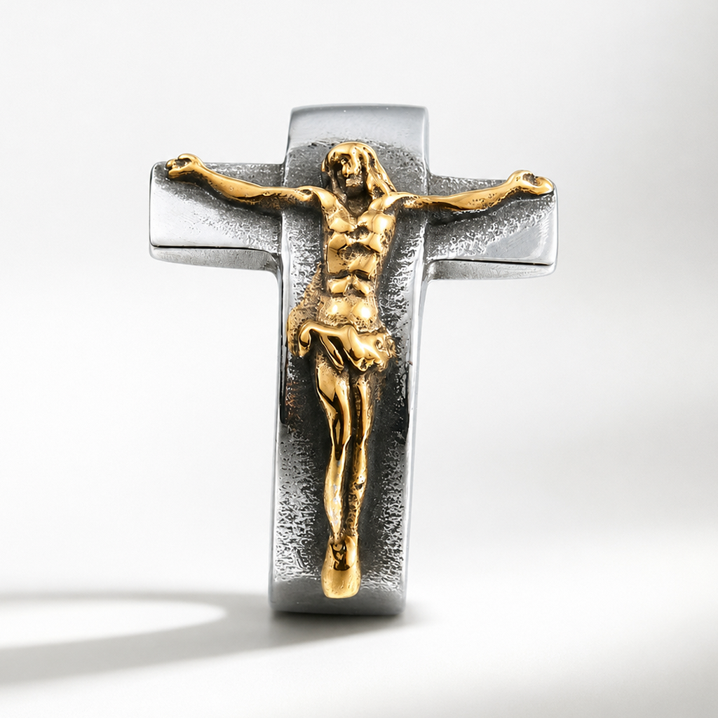 Vintage Cross Jesus Crucifix Titanium Steel Ring Amen Artisan