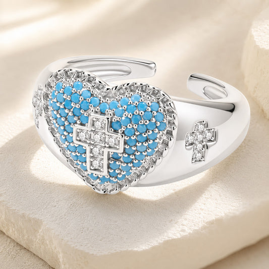 Blue Heart Cross Open Ring with Rhinestone Accents