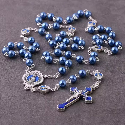 Deep Blue Pearl Beads Virgin Mary Rosary Amen Artisan