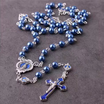 Deep Blue Pearl Beads Virgin Mary Rosary Amen Artisan