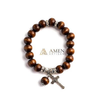Amen Artisan Brown Wooden Beads Crucifix Elastic Cord Bracelet