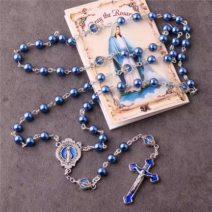 Deep Blue Pearl Beads Virgin Mary Rosary Amen Artisan