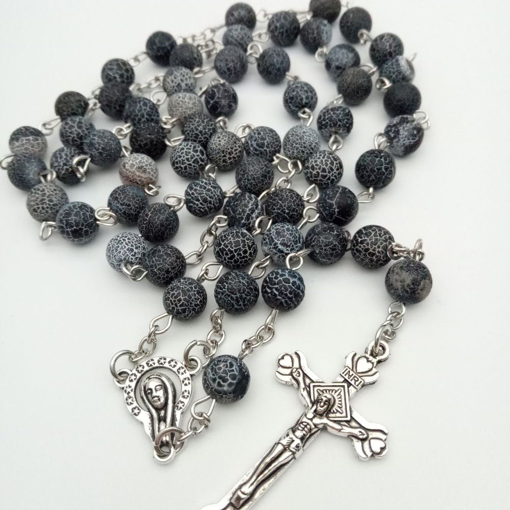 Black Crackle Agate Natural Stone Rosary Amen Artisan