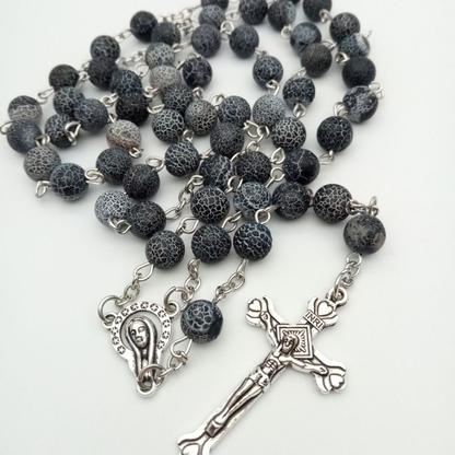 Black Crackle Agate Natural Stone Rosary Amen Artisan