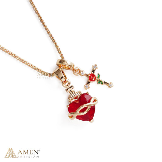 Sacred Heart & Rose Cross Multi-Pendant Necklace