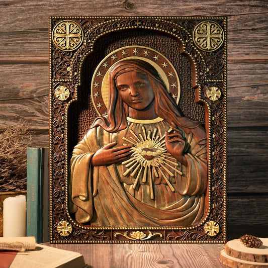 Immaculate Heart of Mary Wood Carving Amen Artisan