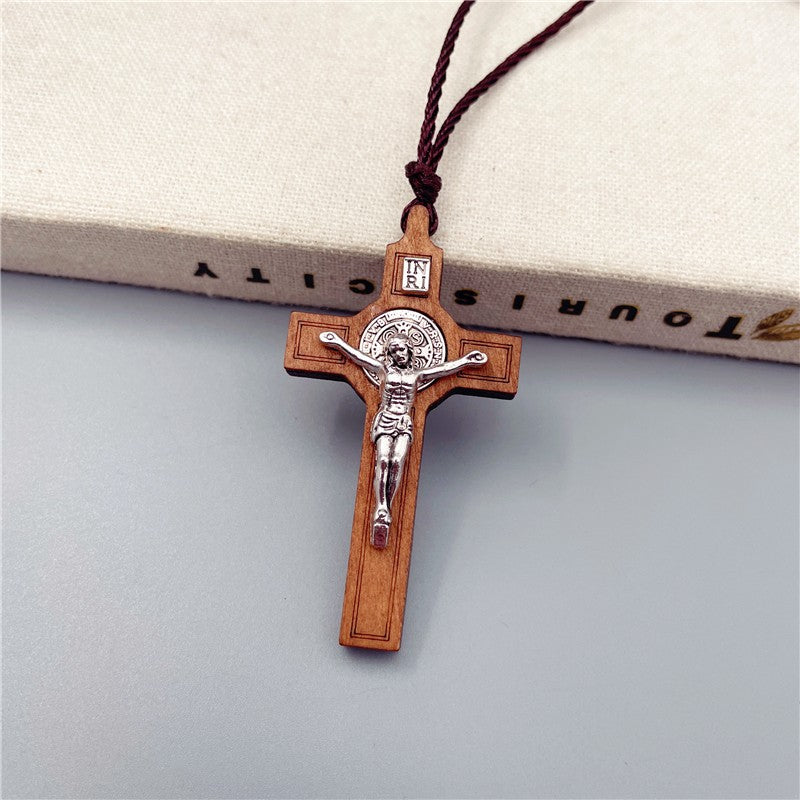 Wood Inlaid Metal Crucifix Cross Necklace Amen Artisan