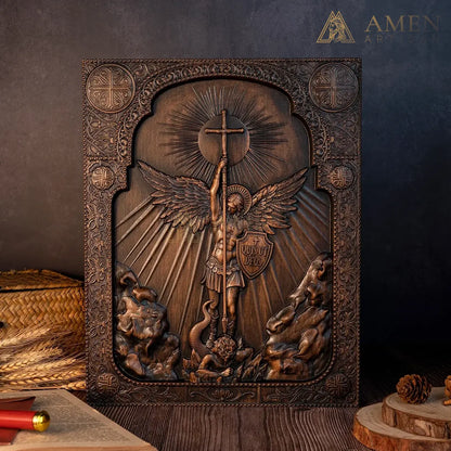 St Michael Wood Carving Amen Artisan