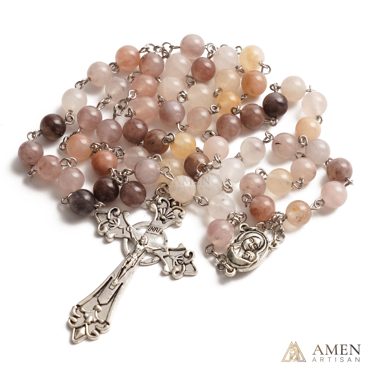 Purple Golden Silk Jade Madonna and Child Medal Rosary Amen Artisan