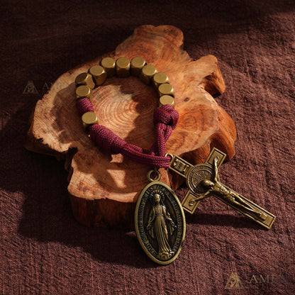 Burgundy Clip-On Pocket Decade Rosary with Crucifix and Our Lady Medal