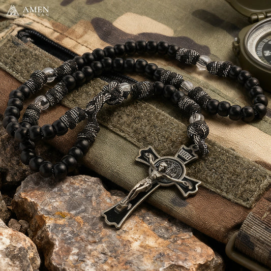Tactical Paracord Rosary — Matte Black Beads, Military-Grade Strength, Warrior’s Faith Amen Artisan