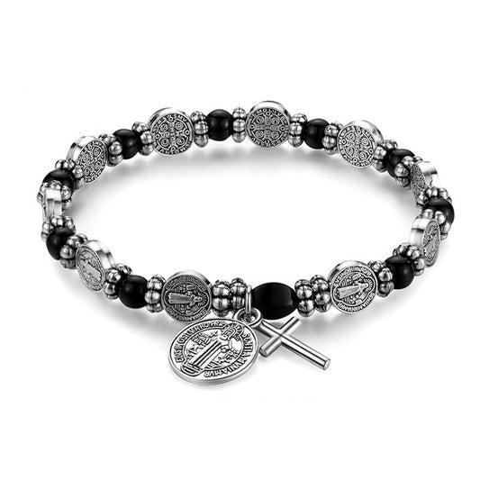 Hematite Beads Saint Benedict Medal Cross Elastic Cord Bracelet