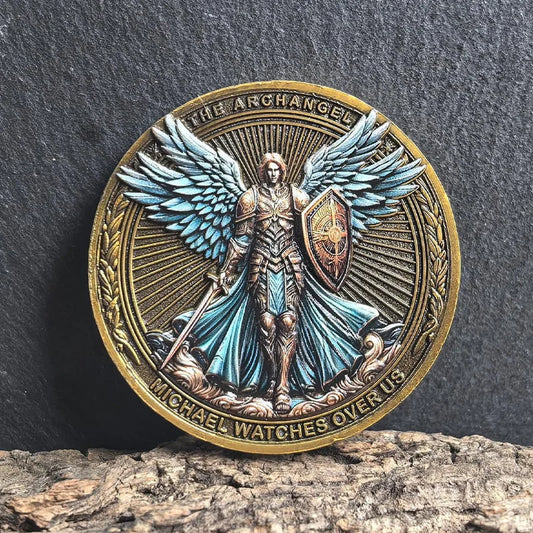 St Michael Challenge Coin – Blue Wings Warrior Angel Guardian Shield Token - Amen Artisan