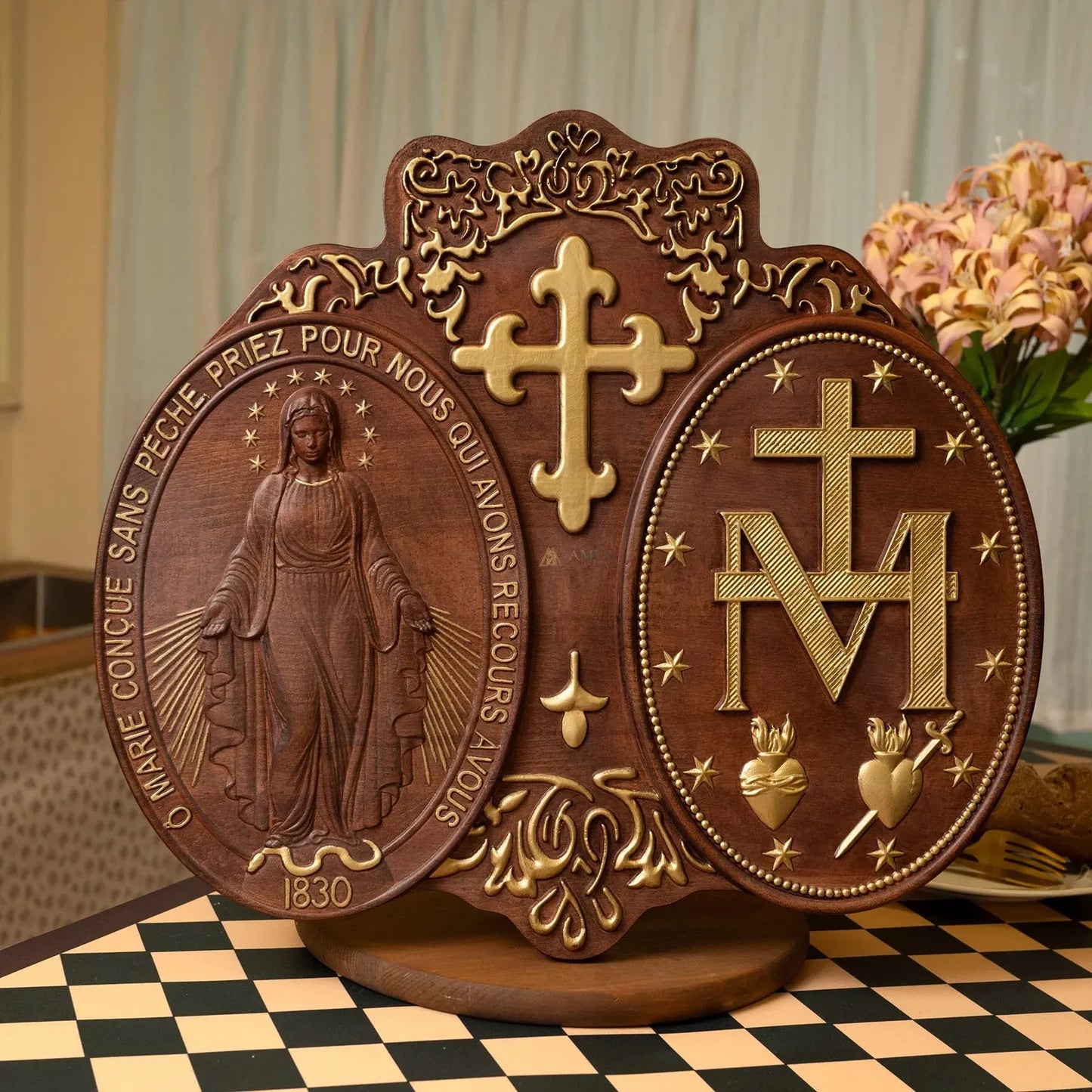 Miracle Medal Wood Carving Amen Artisan