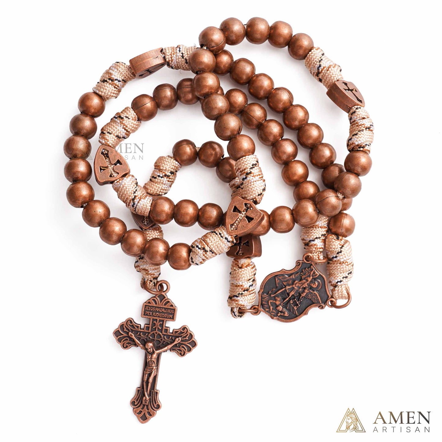 St. Michael the Archangel Bronze Paracord Wrapped Rosary Bracelet – Faith & Protection Amen Artisan
