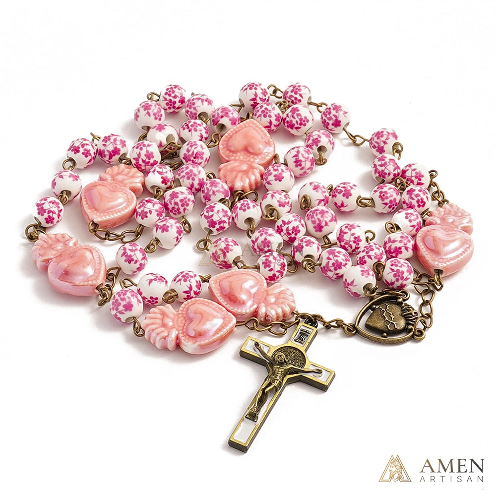Sakura Pink Beads Sacred Heart Rosary Amen Artisan