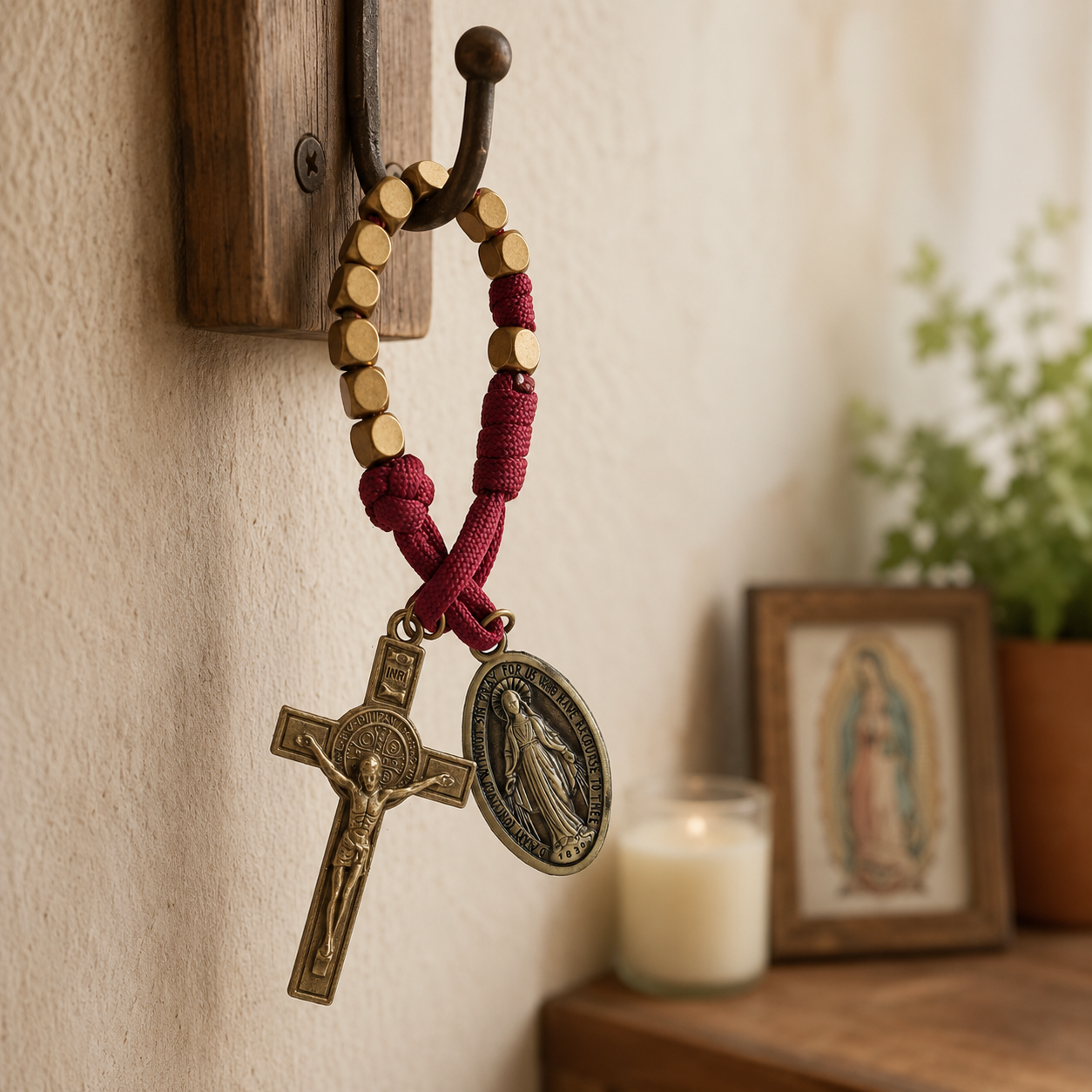 Burgundy Clip-On Pocket Decade Rosary with Crucifix and Our Lady Medal