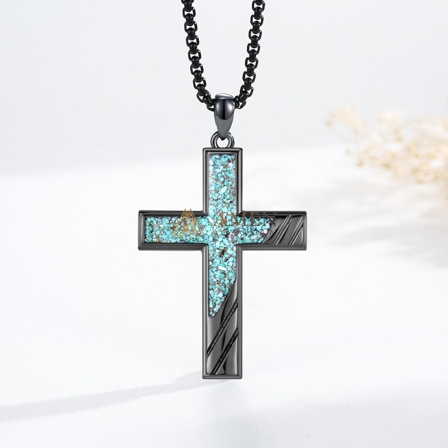 Handcrafted Titanium Steel Turquoise Chip Cross Pendant Necklace  Amen Artisan
