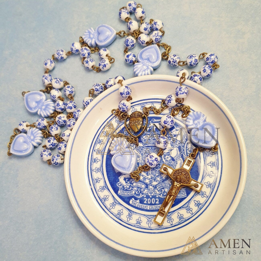 Delft Blue Beads Sacred Heart Rosary - Blue and White Cherry Blossom Beads Vintage Bronze Style Ceramic Rosary -Amen Artisan