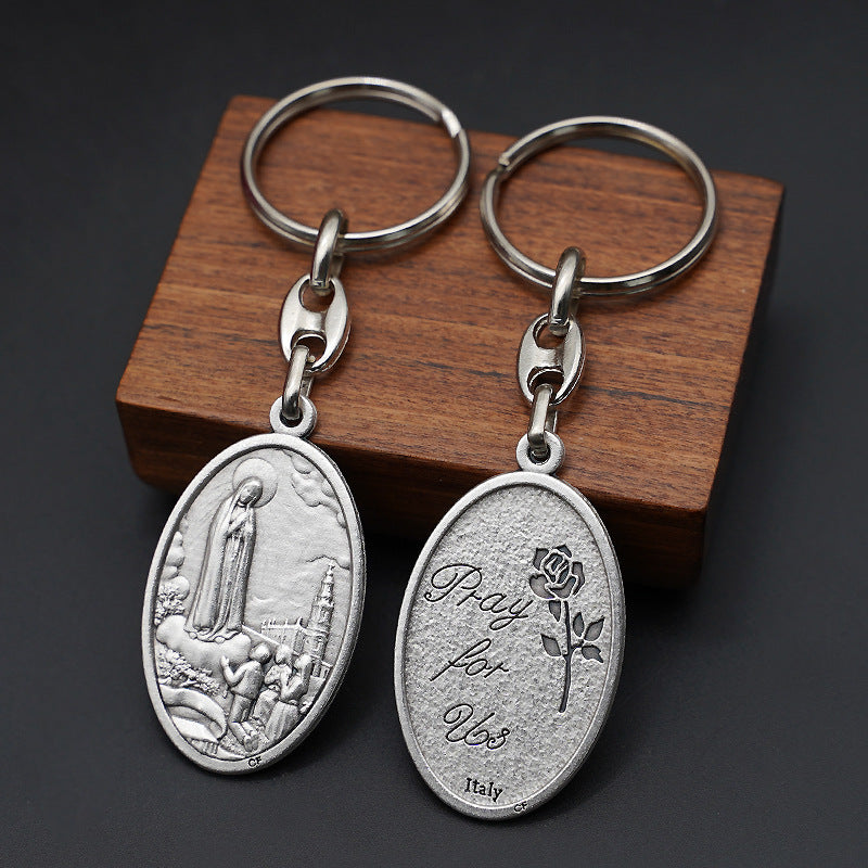 Our Lady of Fátima Keychain—Zinc alloy. Vintage grey Amen Artisan