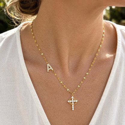 【DEAL TODAY】Sparkling Zircon Cross Necklace with A-Z Initial Charm