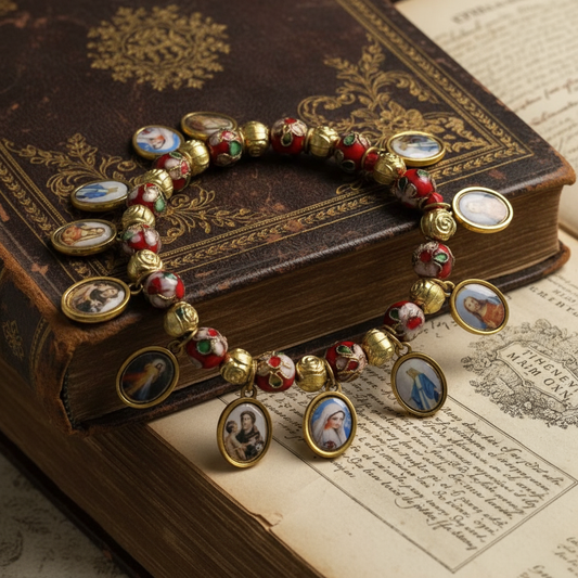 【Deal Today】Cloisonné Beads Saint Medal Stretch Bracelet Amen Artisan