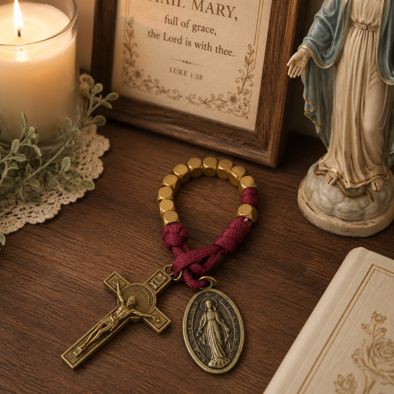 Burgundy Clip-On Pocket Decade Rosary with Crucifix and Our Lady Medal