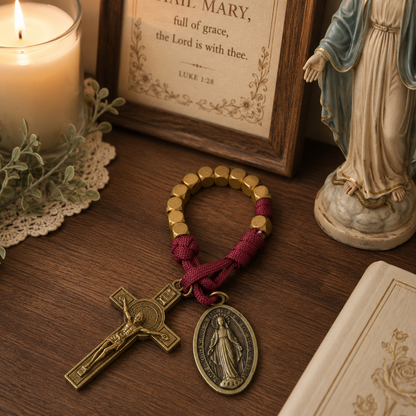 Burgundy Clip-On Pocket Decade Rosary with Crucifix and Our Lady Medal