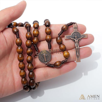 Oval Wooden Beads Saint Benedict Medal Crucifix Rosary Amen Artisan